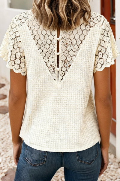 V Neck Textured Knit Floral Lace Short Sleeve Top 1409