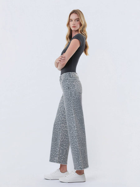 HIGH RISE GREY LEOPARD PRINT CROP WIDE LEG JEANS 331
