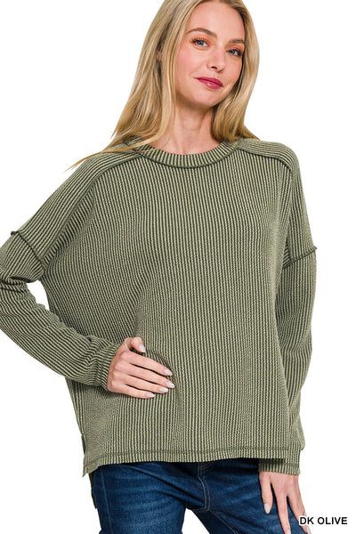 Raised Rib Raw Edge Boat Neck Long Sleeve 8452