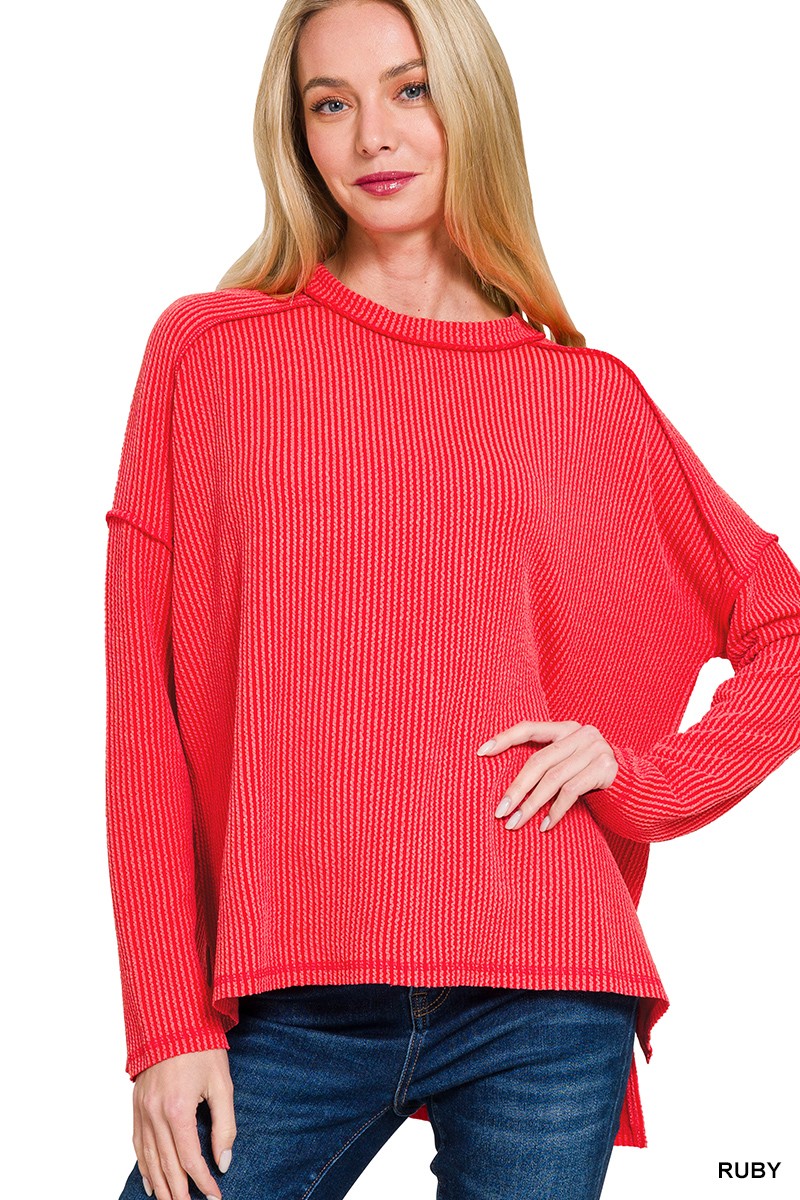 Raised Rib Raw Edge Boat Neck Long Sleeve 8452