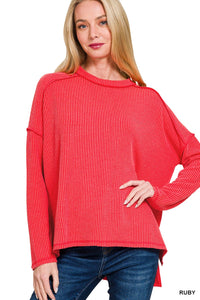 Raised Rib Raw Edge Boat Neck Long Sleeve 8452