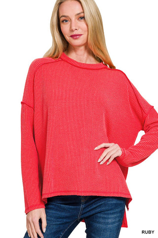 Raised Rib Raw Edge Boat Neck Long Sleeve 8452