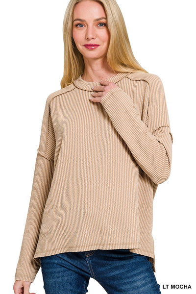 Raised Rib Raw Edge Boat Neck Long Sleeve 8452