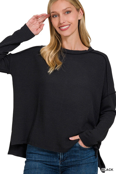 Raised Rib Raw Edge Boat Neck Long Sleeve 8452