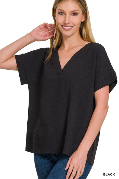 WOVEN BUBBLE AIRFLOW V-NECK SHORT SLEEVE TOP 1356