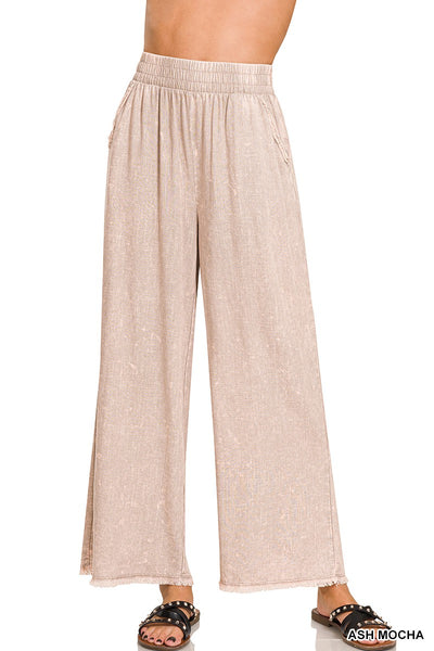 Washed Linen Frayed Hem Elastic Band Waist Pants 7132