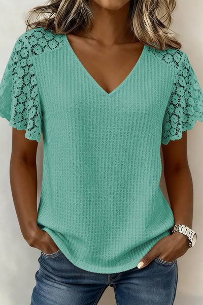 V Neck Textured Knit Floral Lace Short Sleeve Top 1409