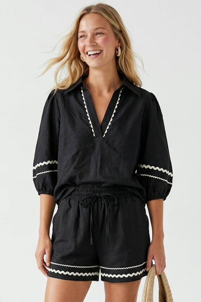 Contrast Trim Puff Sleeve Linen Blouse 9032