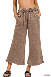Acid Wash Fleece Palazzo Sweatpants with Pockets 4340