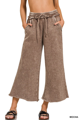 Acid Wash Fleece Palazzo Sweatpants with Pockets 4340