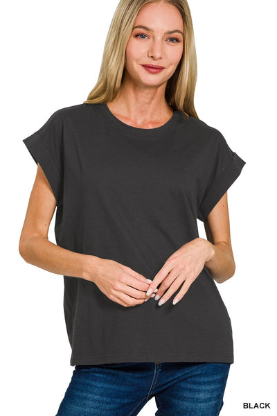 Round Neck Folded Short Sleeve Tee 3381