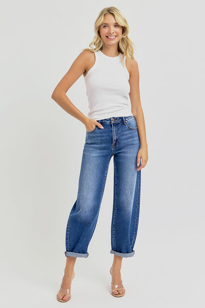 Risen High Rise Crop Mild Barrel Cuffed Jeans 21024D