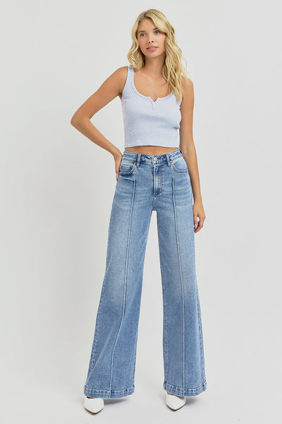 Risen High Waist Wide Leg Pintuck Detailed Jeans 5989