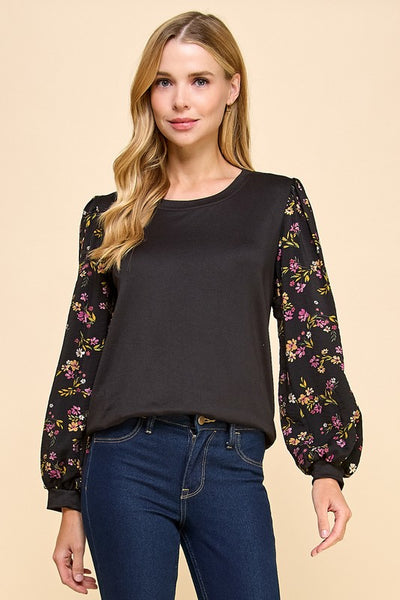 Solid Top with Floral Sleeves 1706