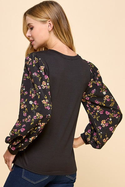 Solid Top with Floral Sleeves 1706