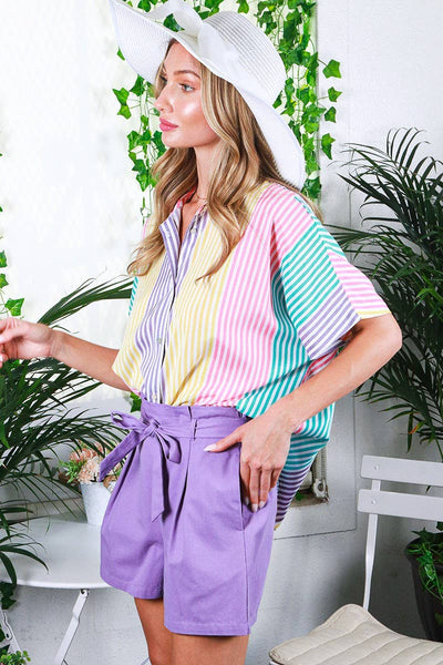 Collared Neck Short-Sleeve Multi-Striped Shirt Top 1625