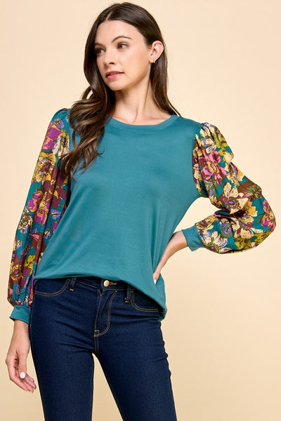 Solid Top with Floral Sleeves 1706