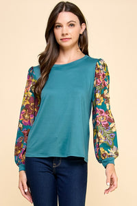 Solid Top with Floral Sleeves 1706