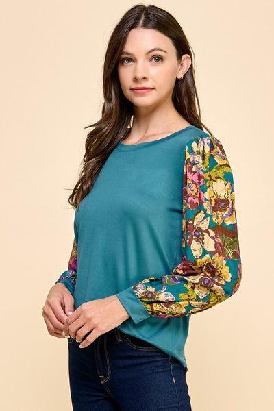 Solid Top with Floral Sleeves 1706