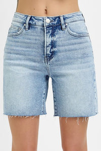 High-Rise Mid Length Raw Cut Hem Shorts 6286