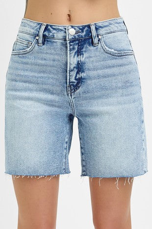 Risen High-Rise Mid Length Raw Cut Hem Shorts 6286