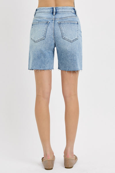 Risen High-Rise Mid Length Raw Cut Hem Shorts 6286
