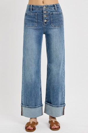 Risen High Rise Ankle Wide Button Down Cuffed Jeans 5965