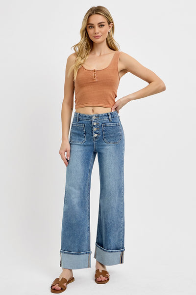 Risen High Rise Ankle Wide Button Down Cuffed Jeans 5965