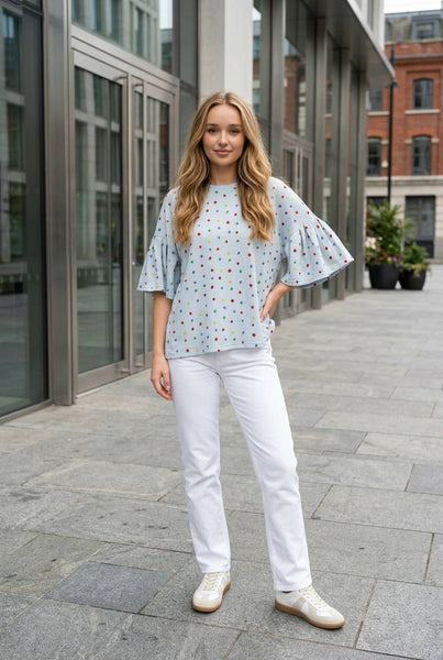 Colorful Polka Dot Short Ruffle Sleeve Knit Top 2765