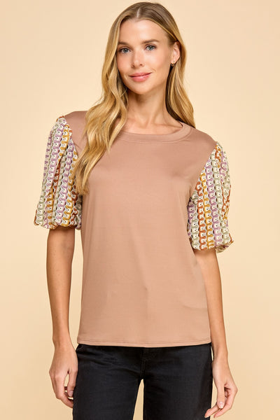 Solid Top w/ Multi Fabric Sleeves 1754