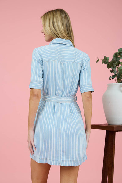 Pinstripe Collared Half Sleeve Mini Shirt Dress 2536