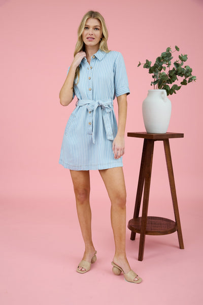 Pinstripe Collared Half Sleeve Mini Shirt Dress 2536