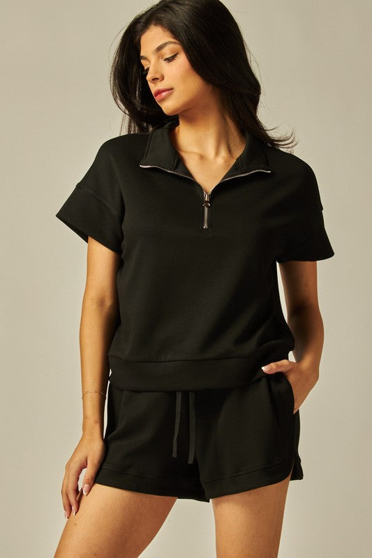 Double Soft Short Sleeve Half-Zip Sweat Short Set 401