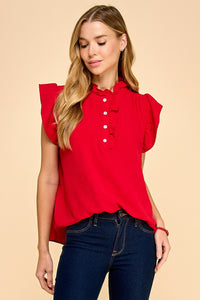 Solid Top with Ruffled Sleeves and Button Detail 1766