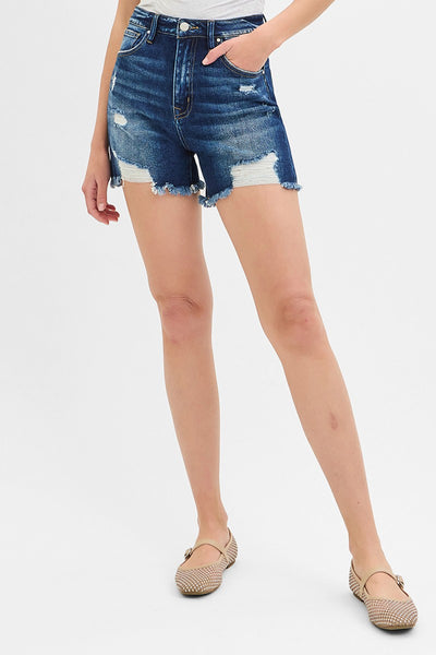 High-Rise Distressed Mid Thigh Shorts 1306D