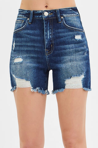 High-Rise Distressed Mid Thigh Shorts 1306D