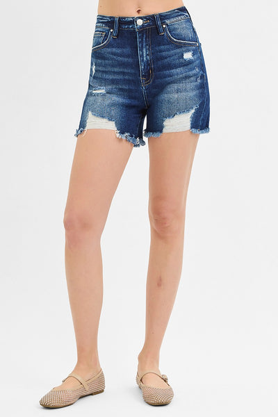 High-Rise Distressed Mid Thigh Shorts 1306D