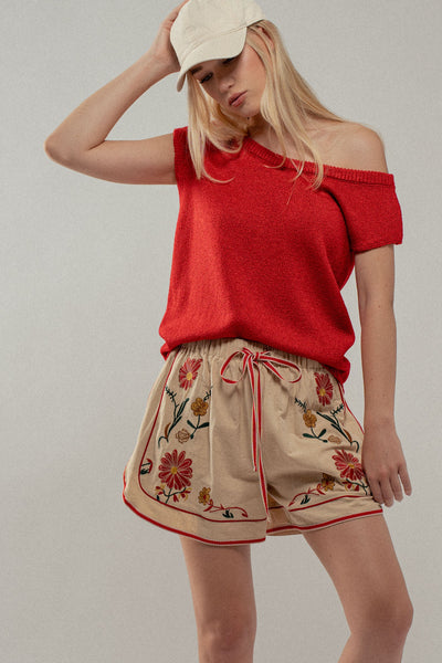 Wildflower Embroidered Linen Shorts 0766