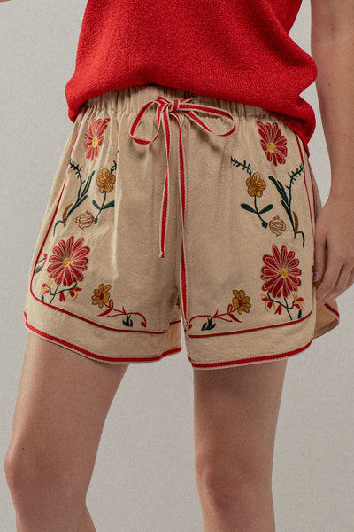 Wildflower Embroidered Linen Shorts 0766