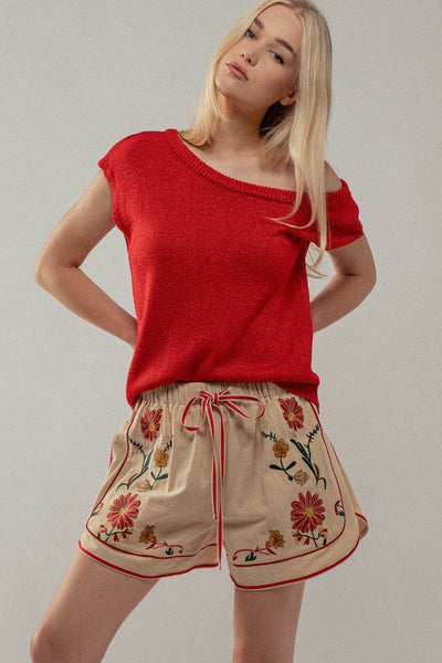 Wildflower Embroidered Linen Shorts 0766
