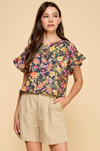 Floral Printed Top with Ruffled Sleeves 1677