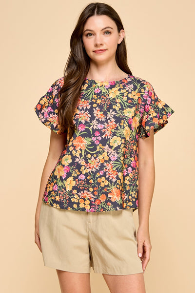 Floral Printed Top with Ruffled Sleeves 1677