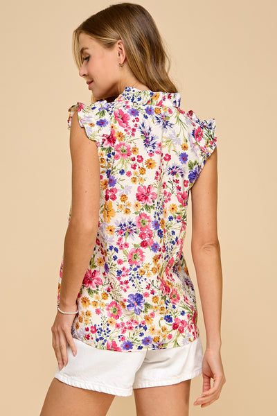 Ruffled V Neck Flora Printed Top 1783