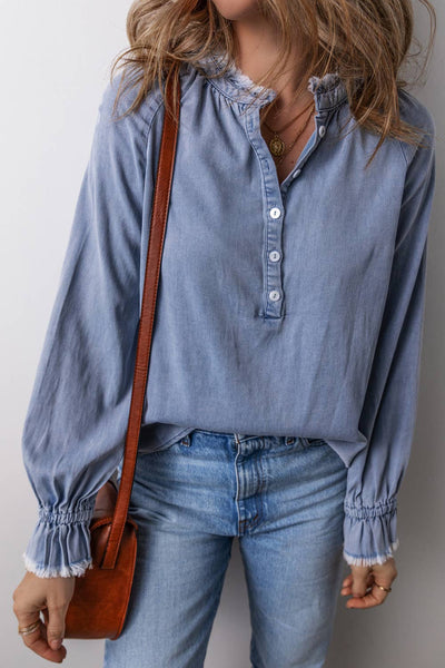 Frilled Raw Hem Half Buttoned Denim Top 304