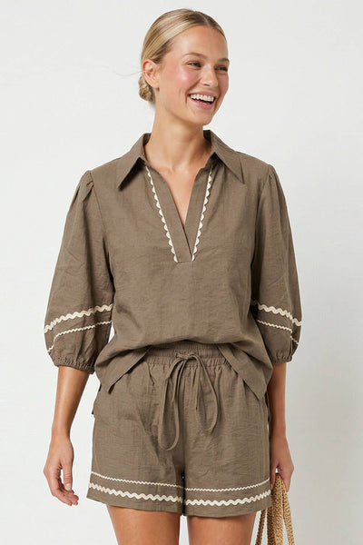 Contrast Trim Puff Sleeve Linen Blouse 9032