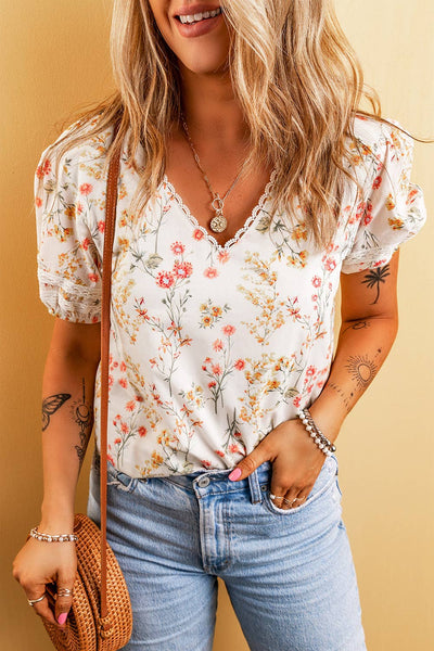 Boho Floral Lace Trim Short Sleeve Blouse 7473