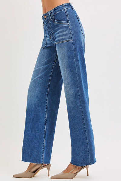 Risen Mid Rise Wide Leg Jeans with Patch Pocket 21404