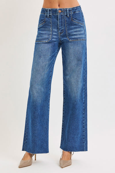 Risen Mid Rise Wide Leg Jeans with Patch Pocket 21404