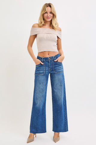 Risen Mid Rise Wide Leg Jeans with Patch Pocket 21404