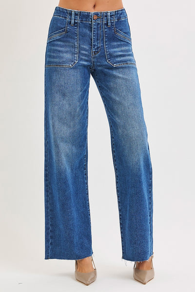 Risen Mid Rise Wide Leg Jeans with Patch Pocket 21404
